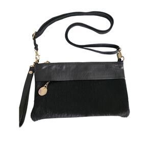 Black Leather Cowhide Crossbody Clutch Shoulder Bag Purse